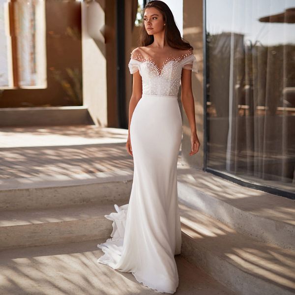 Charme pure cou sirène robe de mariée perles Cap manches jardin robe de mariée maille Tulle dos robe de mariée balayage Train