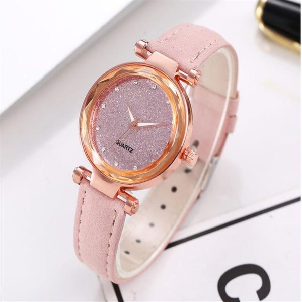 Encantador reloj Starry Sky Star Correa de cuero lijado Esfera plateada con diamantes Cuarzo Gentle Grils Relojes para mujer Relojes de pulsera para mujer Sur260N