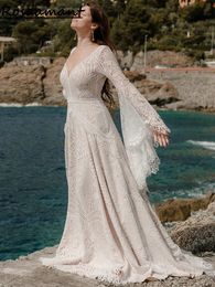 Charmante robe de mariée dos nu, ligne a, manches longues évasées, avec des Appliques en dentelle, robe de mariée de campagne