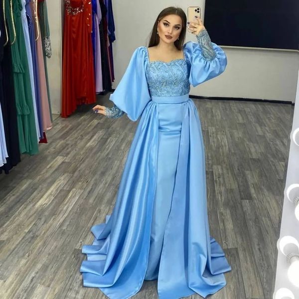 Charmante Robe De Soirée Chérie Manches Longues Bleu Ciel Robe De Soirée Satin Sirène Avec Train Détachable Robe De Soirée Formelle Manches Bouffantes