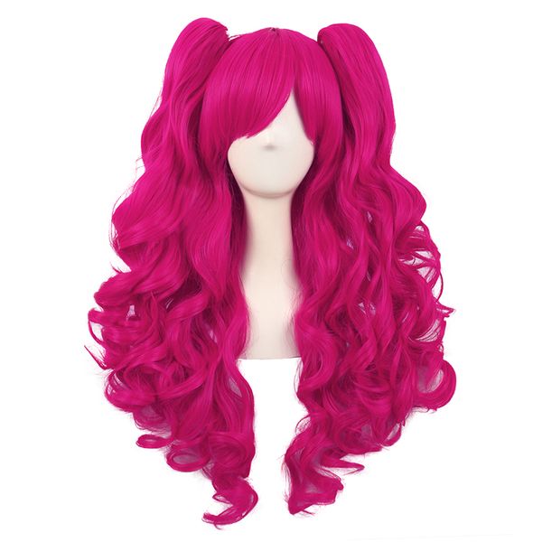 Longue pince à cheveux bouclés pour femmes synthétiques de charme double queue de cheval grande vague rose perruque anime rouge