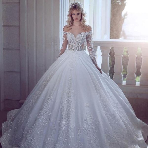 Charmant vintage a ligne robes de mariée 2019 hors épaule manches longues appliques en dentelle en tulle