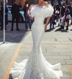 Charmante robe de soirée sirène blanche avec plumes, longueur au sol, robe de bal en dentelle, sur mesure, tapis rouge formel, Wears8292501