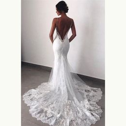 Charmante witte zeemeermin kant open rug bruids trouwjurken spaghetti riemen geapplaqueerde trouwjurken voor bruid formele jurk