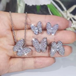 Charmant ensemble de bijoux pour femmes, plaqué or blanc de haute qualité, boucles d'oreilles papillon, bague et collier pour filles, joli cadeau