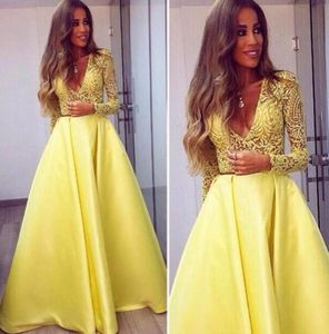 Charmante gele overkruids kanten jurken avondkleding met lange mouwen diepe n nek formele jurk een lijn satijn lange prom -jurken1450502