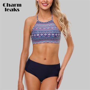 Charmleaks Vrouwen Bikini Set Halter Badmode Hoge Neck Swimsuit Vintage Gedrukt Badpak Beachwear 210712