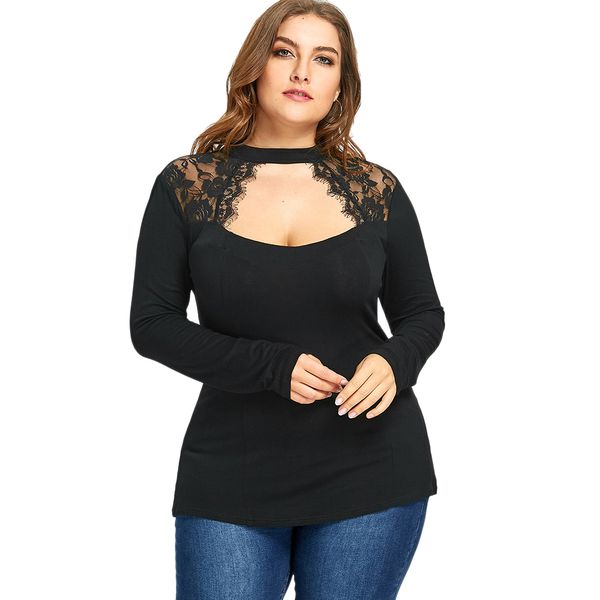 Charmma 2018 Nieuwe Plus Size 5XL Lace Insert Keyhole Top Vrouwen Gothic Zwart Sexy Lange Mouwen Oversized Vrouwelijke Lange Shirt big Size