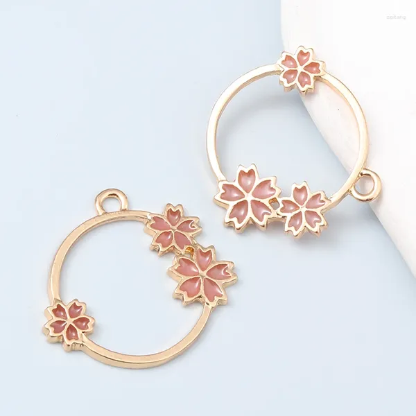 Charmes 10 pièces jolies fleurs de cerisier roses pendentifs ronds en émail pour la fabrication de collier bijoux faits à la main bricolage