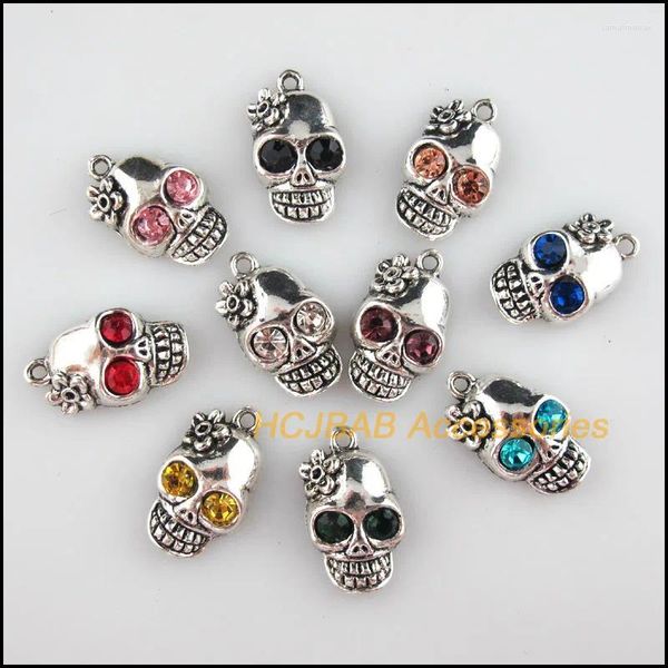 Charms 10 crânes Rétros Crystal mix Halloween Pendants Tibetan Silver Tone 13x22mm