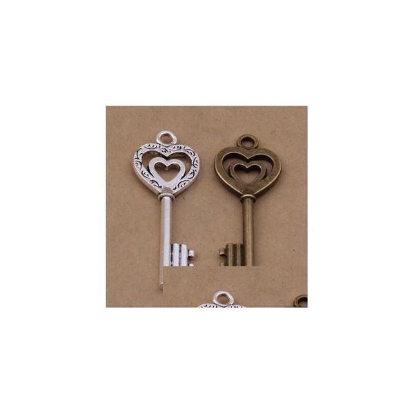 Breloques 100 pièces pendentif clé en forme de coeur double en bronze antique et couleur argent bon pour votre fabrication de bijoux de bricolage livraison directe Dh5Na