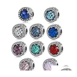 Charms 100 Real 925 Sterling Sier Pink Blue Colors Crystal Radiant Round Charm Fit Originele armband Authentiek Glass Jewelry Gift 17 OTHJ6