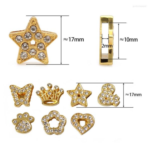 Dijes 10 piezas/lote 10MM diamantes de imitación Color dorado corazón estrella mariposa corona Slide Charm apto para pulsera DIY llaveros