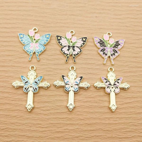 Dijes 10 Uds. De dijes de mariposa cruzada para hacer joyas, collar esmaltado, colgante, suministros de bricolaje, pulsera, accesorios artesanales para teléfono, chapado en oro