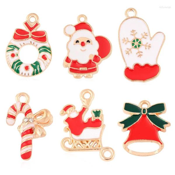 Encantos 10 Uds Color dorado lindo esmalte mezcla Navidad ciervo bastón de caramelo copo de nieve colgante de campana para DIY accesorios de joyería hechos a mano