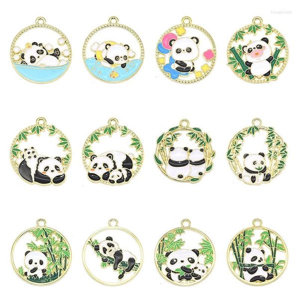 Encantos 10 Uds. Colgantes redondos de Metal de aleación de Panda esmaltados chapados en oro para DIY collar pulsera pendientes fabricación de joyas