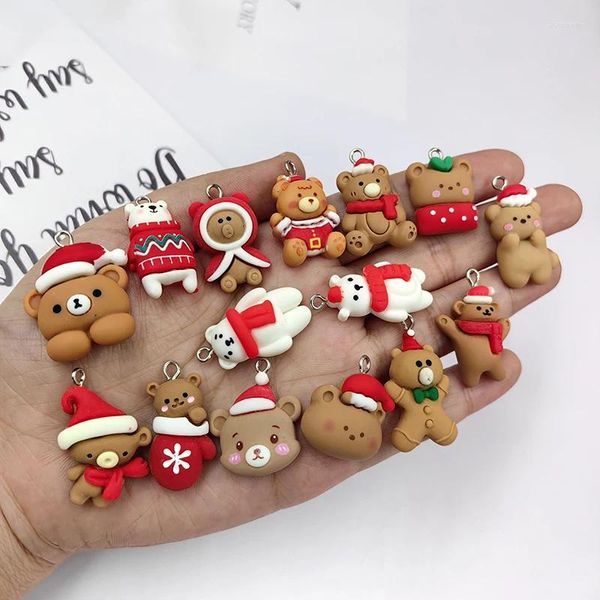 Dijes 10 Uds. Oso de Navidad Kawaii para hacer joyas, accesorios, calcetín de resina, colgante flotante, pendientes de bricolaje con parte posterior plana
