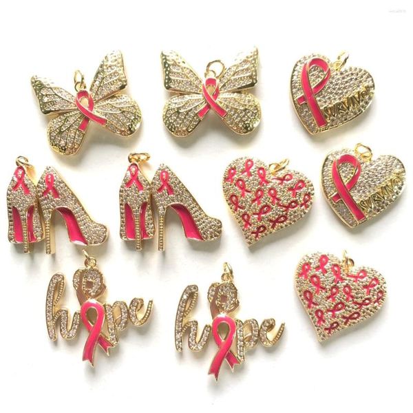 Breloques 10 pièces Micro pavé rose ruban papillon coeur haut talon espoir Bundle sensibilisation au Cancer du sein pendentif pour la fabrication de bijoux