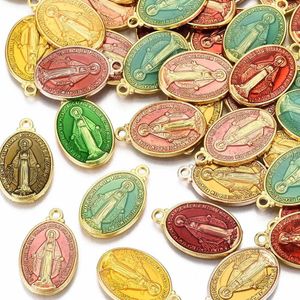 Charmes 10 pièces Religion ovale avec Saint laiton émail pendentifs charme longue durée plaqué couleur mixte pour collier bricolage résultats 19.5x12x2mm
