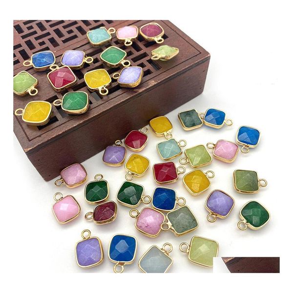 Charms 11X15Mm Gold Bunding Edge Square Natural Crystal Jade Stone Green Blue Cuarzo Colgantes de moda para la fabricación de joyas al por mayor Dr Dhloh