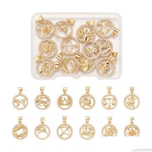 Charms 12pcs 12 Style Brass Micro Pave Cubic Zirconia Hangers Nikkel met Snap On Bail Flat Round ConstellationCharms Drop de Dhyrg