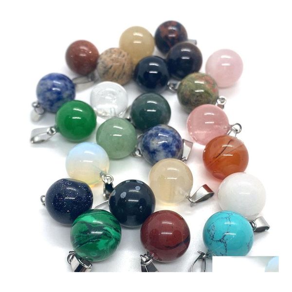 Charms 14 mm Piedras de cristal naturales Ojo de tigre redondo Ónix negro Cuarzo rosa Bola de piedra Charm Beads Colgantes para joyería Yzedibleshop D Dhtrc