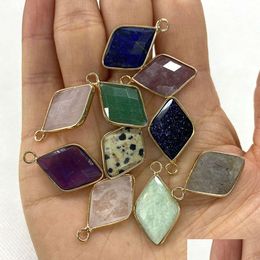 Charms 15X25Mm Natuurlijke Kristal Steen Ruit Groen Blauw Roze Kwarts Hangers Gouden Rand Trendy Voor Ketting Oorbellen Sieraden Maken D Dhmqi