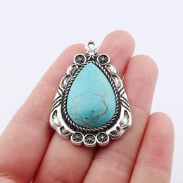 Breloques 2 X tibétain argent Boho Imitation Turquoises pierre pendentifs en forme de gouttelette pour collier à faire soi-même faisant des accessoires 34x30mm