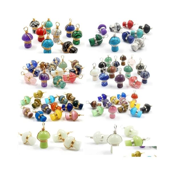 Charms 20Pc Fil Wrap Pierre Naturelle Sculpté Champignon Perle Quartz Agate Cristal Améthystes Oeil De Tigre Pendentif Pour La Fabrication De Bijoux Drop De Dhglj