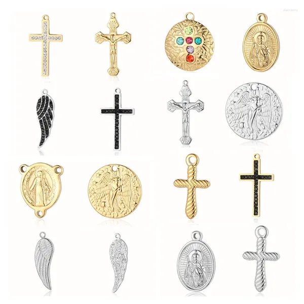 Charms 3 pièces/lot jésus croix miroir poli 316 en acier inoxydable bricolage breloque ailes d'ange strass bijoux vierge marie collier pendentif