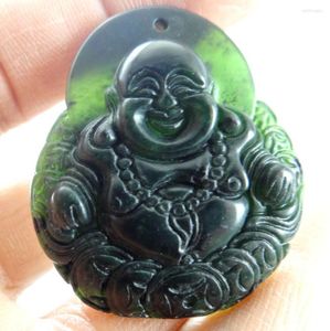 Charmes 41 35 7 MM En Gros Naturel Chinois Noir Vert Pierre Sculpté À La Main Statue De Bouddha Amulette Pendentif Collier