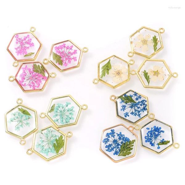 Charmes 4 pièces coloré pressé plat rond hexagone résine acrylique fleur séchée pétale pendentif pour la fabrication de bijoux collier