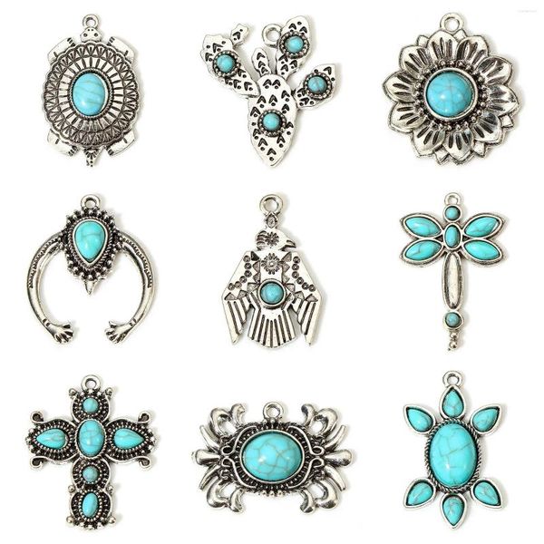 Dijes 5 uds colgantes de estilo bohemio cabujones de resina de Color plata antigua imitación turquesa Cruz flor collar DIY joyería
