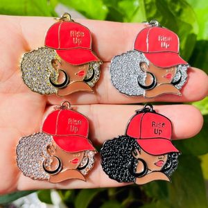 Charms 5 stks Emaille Micro Pave Rise Up Black Girl Bedels voor Vrouwen Armband Ketting Maken Afro Meisje Sport Hanger Sieraden Supply 230907