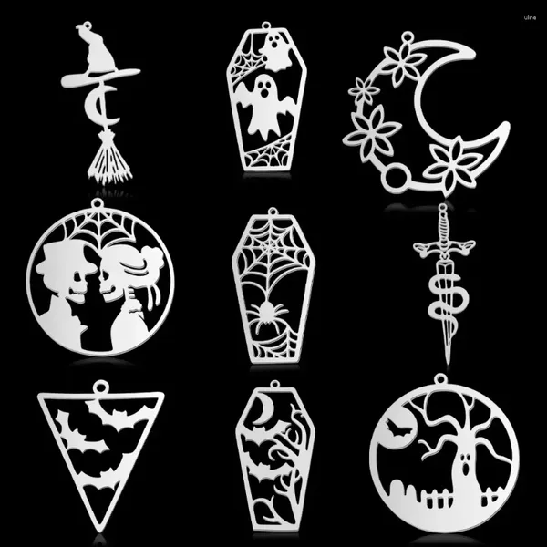 Dijes 5 unids/lote de acero inoxidable geométrico minimalista Halloween DIY pendiente colgante al por mayor fantasma bruja Besom joyería de murciélago calavera