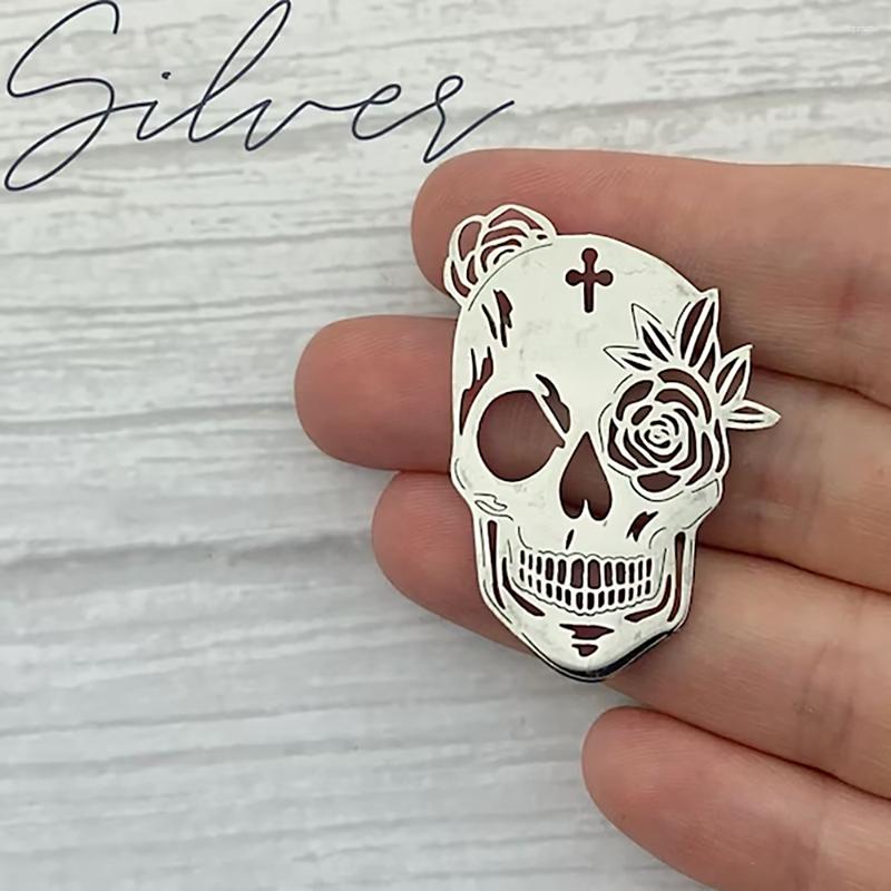 Charms 5pcs Silver Color Large Flower Skull Face Skeleton Pendant Halloween Gifts For DIY Handmade Jewelry Accessorie