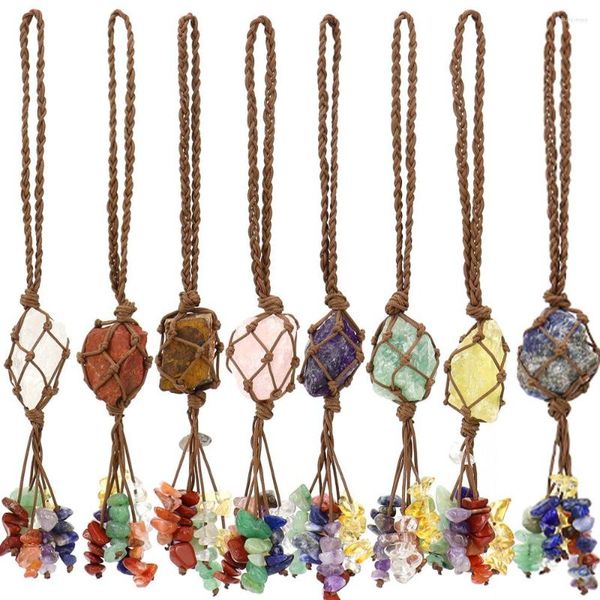 Charmes 6 pc Naturel Pierre Brute Pendentif Tissé Filet Sac Puce Énergie Cristal Gland Voiture Suspendu Porte-clés Guérison Méditation Yoga Cadeau