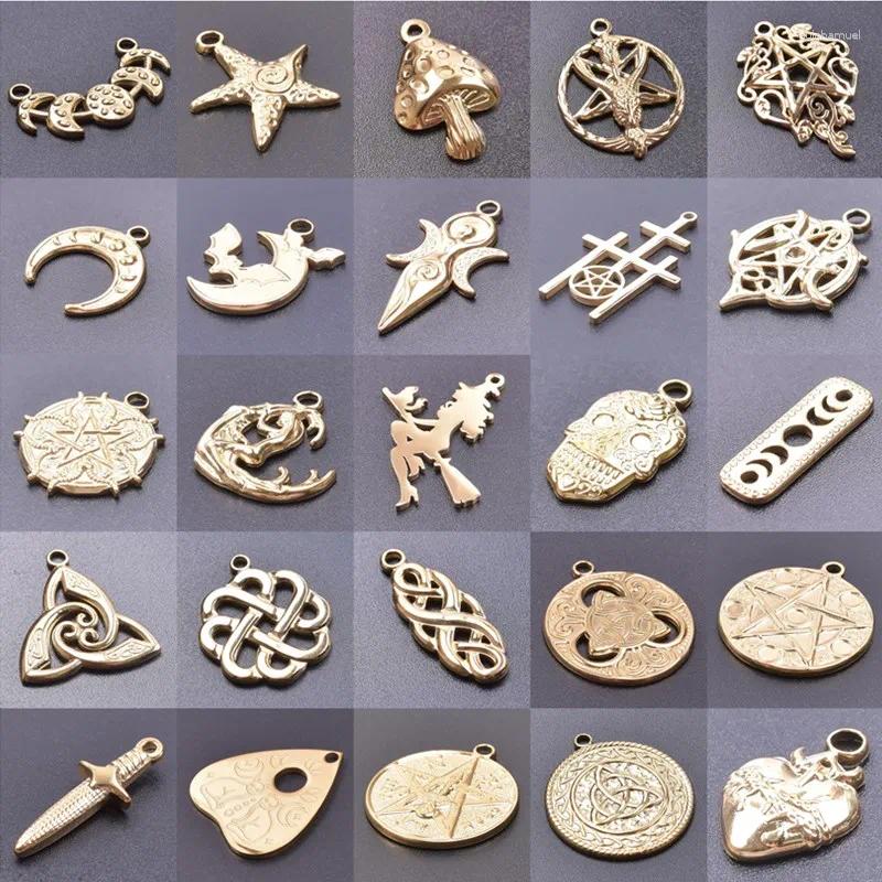 Charms 6pcs/Lot Gold Color Witch For Jewelry Making Supplies Amulet Satan Pentagram Stainless Steel Charm DIY Moon Wicca Pendant