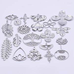 Breloques en acier inoxydable, 6 pièces/lot, fleur de Lotus de Yoga, feuille de Ginkgo, bijoux d'arbre généalogique, vente en gros, pendentif en plume de champignon, en vrac