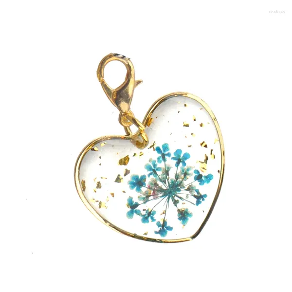Charms 8pcs avec plaque doré fermhes artisanat pendentif résine fleur séchée coeur bricolage décoration accessoire joail de bijoux