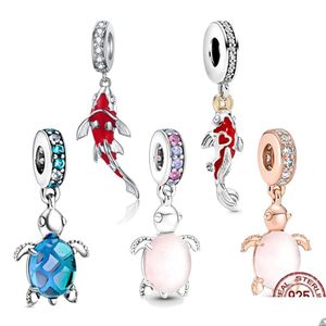 Charms 925 Sterling Sier Good Fortune Carp Fish Glass Sea Turtle Dangle Charm Beads Fit Original Pandora Pulsera Joyería fina Regalo Dhulg