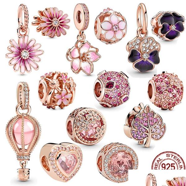 Charms 925 Sterling Sier Pandora Charm Pink Daisy Flowers Cherry Blossom Pearl Beads Adecuado para Primitive Diy Bracelet Female Jewe Dhp8X