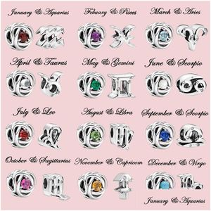 Charms 925 Sterling Sier Pandora Charming Zodiac Lucky Stone Pearl es adecuado para pulseras de damas primitivas Diy Charm Jewelry Fash Dhzpc