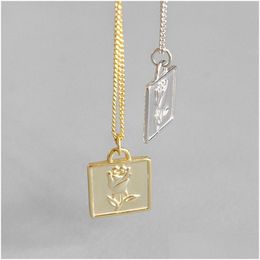 Charms 925 Sterling Sier Rose Bloem Kettingen Eenvoudige Geometrische Vierkante Hanger Ketting Voor Vrouwen Joyas De Plata Sieraden Drop Levering Dh0Of