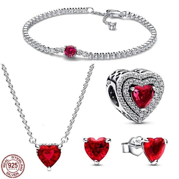 Charms 925 pulseras de plata esterlina joyería conjunto de cinco piezas de la serie Blink red heart diseñador pulsera collar anillo DIY fit pandoras hermoso regalo para novia