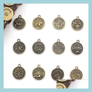 Charms Antiek Brass Zodiac Signs Charms Horoscoop Constellations Beads Hangers voor armbanden ketting maken Handgemaakte DIY -sieraden Dh15i