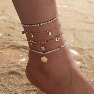 Breloques perles bracelets de cheville pour femmes nouvel été or pétoncle brillant cristal pierre pied chaîne bohème bijoux 4 pièces/ensembles