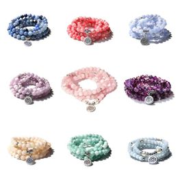 Breloques bouddhisme 108 perles Mala Bracelets femmes Yoga prière Lotus charme Pulsera 8 Mm naturel Kunsite calcédoine pierre perles Bracelet