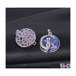 Charms Cat and Moon Natural Stone Charm Hollow Alloy Back Crystal Necklace Pendant Verwijderbare schattige sieraden Accessoires C3 Drop Dhwju