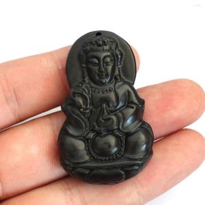 Breloques chinois naturel noir vert Jade sculpté Guan Yin bouddha riant pendentif porte-bonheur